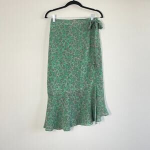 Alice + Olivia Wrap Skirt Women L Green Floral Tie Midi Asymmetrical Party
